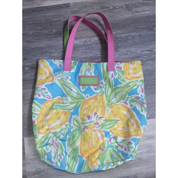Lilly Pulitzer by Estee Lauder Large Tote Pink Green Handle Yellow Blue - Picture 2 of 6